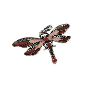 Vintage Red and Pink Enamel Dragonfly Pendant, 3" Wide